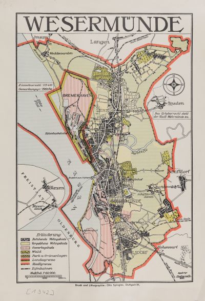 Karte von 1942 mit eingezeichneter Grenze von Wesermünde