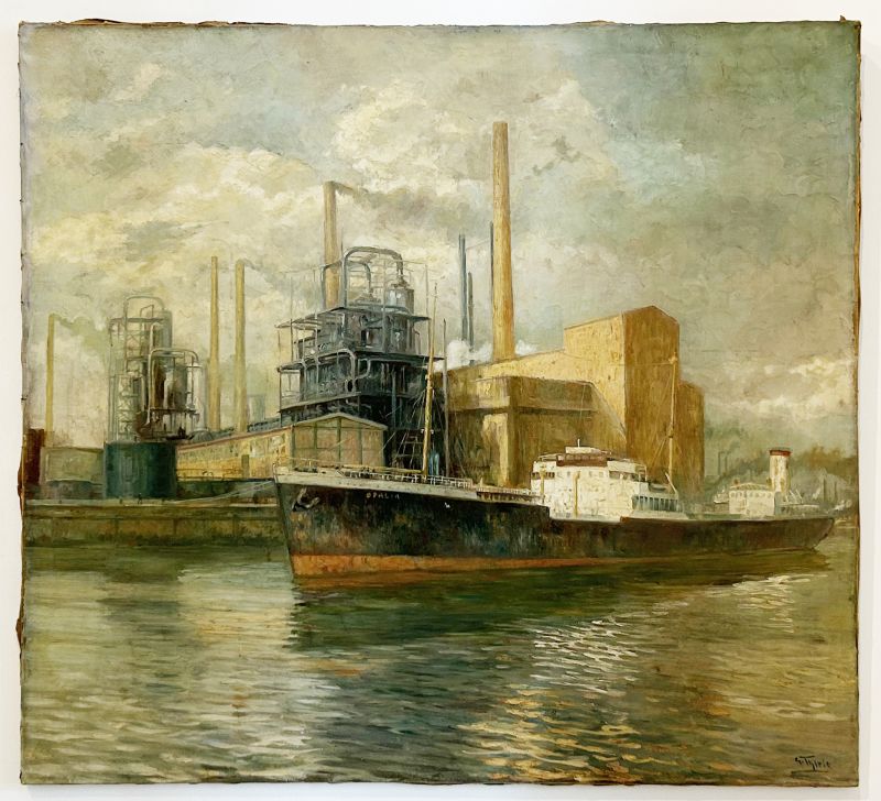 Gemälde mit Schiff vor Industrieanlage von G. Thiele