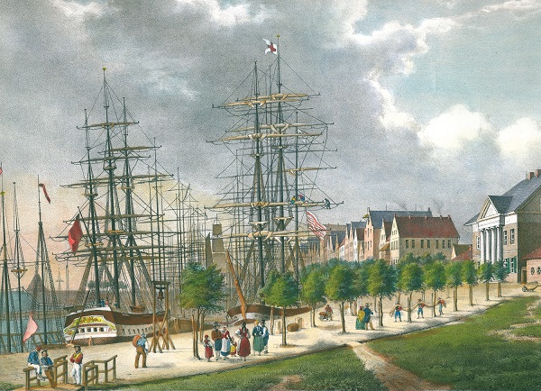 Kolorierter Stich Hafenansicht mit Schiffen Bremerhaven 1845